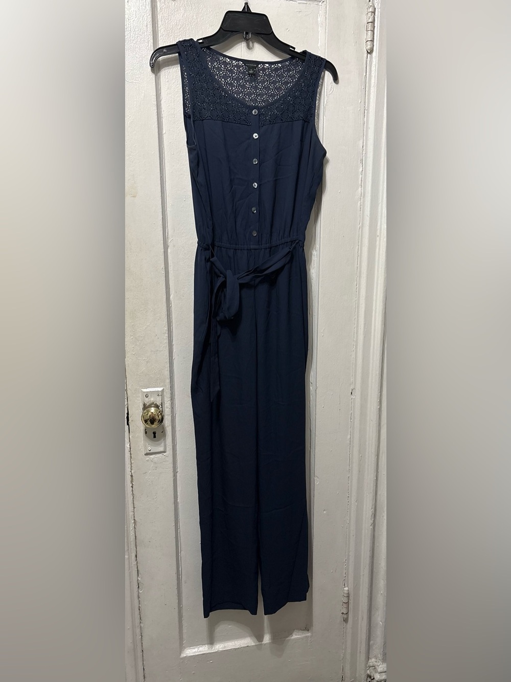 Ann Taylor Navy Sleeveless Lace-Yoke Jumpsuit with Tie